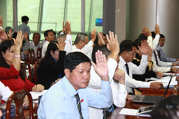 Các đai biểu HĐND tỉnh biểu quyết thông qua chương trình kỳ họp.