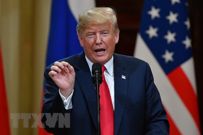 Tổng thống Mỹ Donald Trump trong cuộc họp báo chung sau hội nghị thượng đỉnh với Tổng thống Nga Vladimir Putin ở Helsinki, Phần Lan ngày 16-7. (Nguồn: AFP/ TTXVN)