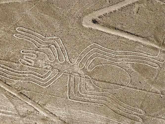 Cao nguyên Nazca ở Peru: Trong khu vực có diện tích gần 500km2 có đến 300 hình vẽ,  hình ảnh lớn nhất trong số đó là chú bồ nông dài 285m. Phần lờn hình vẽ có dạng hình học, bên cạnh đó là hình mô tả thế giới tự nhiên như các lại động thực vật. Ảnh Turismoi.pe 