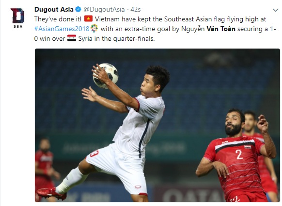 Tài khoản Twitter của trang DugOut đưa tin về chiến thắng của Olympic Việt Nam