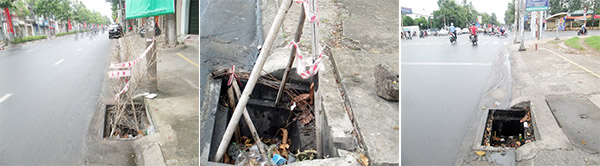 Các hố ga bị trộm nắp trên đường Nguyễn Ái Quốc (TP.Biên Hòa). Ảnh: Thái Hoàng