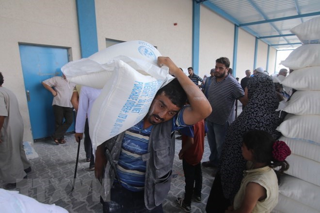 Người tị nạn Palestine nhận lương thực cứu trợ của UNRWA tại thành phố Rafah, Dải Gaza ngày 23/7. (Ảnh: THX/TTXVN)