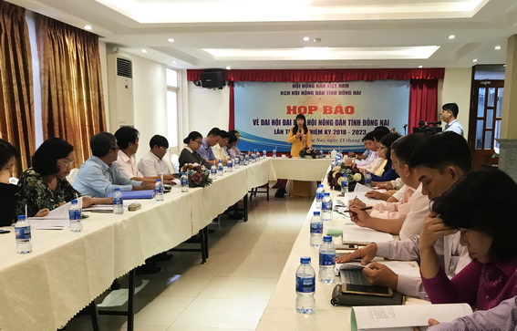 Bà Hoàng Thị Bích Hằng, Chủ tịch Hội nông dân tỉnh phát biểu tại buổi họp báo
