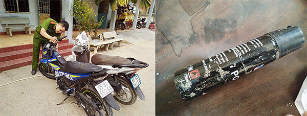 Xe máy và bình xịt hơi cay của nhóm cướp bị Công an huyện Long Thành tịch thu.