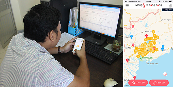 Người dân tìm hiểu thông tin về các cơ sở khám chữa bệnh thông qua hệ thống Medcomm trên điện thoại (ảnh nhỏ) và giao diện ứng dụng Medcomm trên điện thoại iPhone (ảnh lớn).