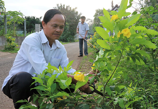 Ông Trương Minh Phong, Bí thư Chi bộ ấp 9/4, xã Xuân Thạnh (huyện Thống Nhất) cùng người dân chăm sóc cây xanh bên đường.