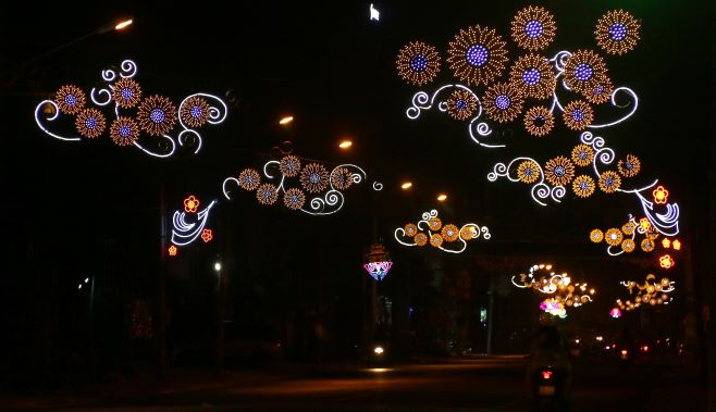 đèn nghệ thuật hình hoa lá tỏa sáng vào ban đêm trên đường Hà Huy Giáp, phường Quyết Thắng, TP.Biên Hòa. (ảnh: Văn Truyên).