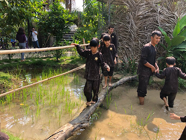 Các em học sinh Trường TH-THCS-THPT song ngữ  Á Châu trải nghiệm trồng lúa nước và đi qua cầu khỉ tại Trung tâm trải nghiệm sáng tạo.