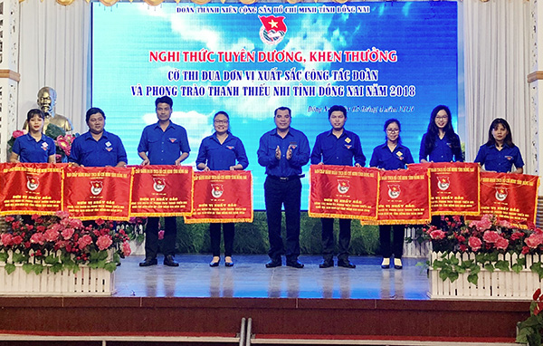 Bí thư Tỉnh đoàn Nguyễn Cao Cường trao Cờ thi đua xuất sắc năm 2018 cho các cơ sở Đoàn