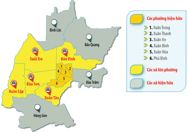 Bản đồ thể hiện các đơn vị hành chính của Long Khánh khi chính thức lên thành phố. (Thông tin: Khánh Minh - Đồ họa: Hải Quân)