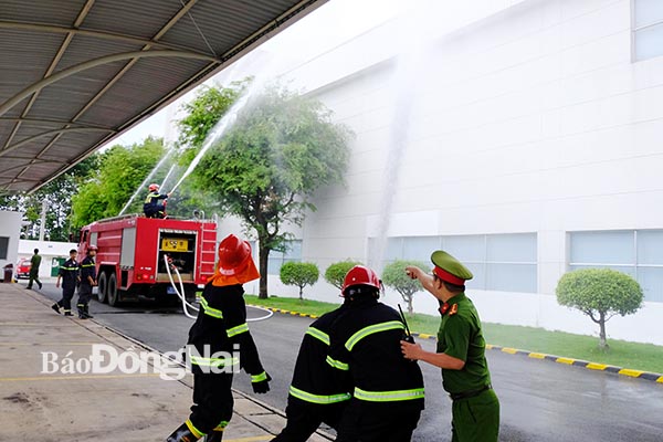 Lực lượng cảnh sát phòng cháy, chữa cháy thực tập phương án chữa cháy tại Khu công nghiệp Biên Hòa 1. Ảnh: M.Thành