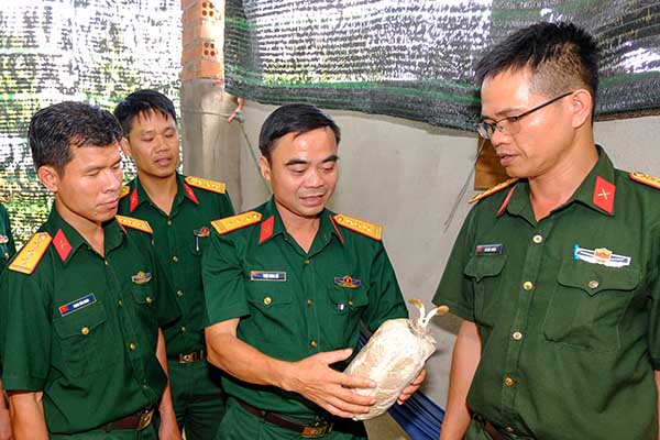 Thượng tá Triệu Minh Cử, Chủ nhiệm Chính trị Lữ đoàn Công binh 25 (giữa) giới thiệu cho cán bộ đơn vị bạn đến tham quan mô hình trồng nấm của Lữ đoàn 