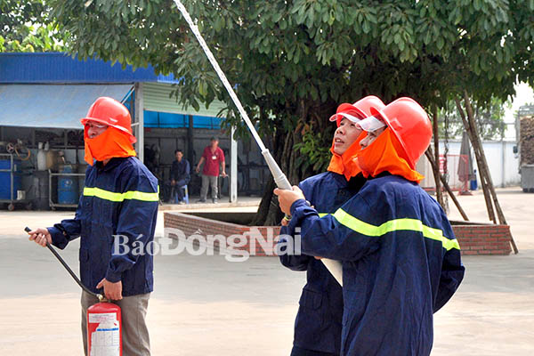 Đội phòng cháy, chữa cháy của một cơ sở sản xuất gỗ tại huyện Trảng Bom luyện tập sử dụng trang thiết bị phòng cháy, chữa cháy 