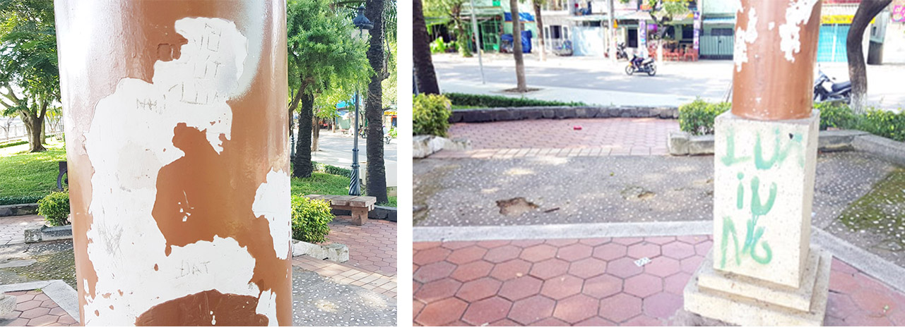 Một khu nhà chờ nghỉ chân tại công viên Nguyễn Văn Trị chằng chịt các “dấu tích” viết, vẽ bậy trên các cột trụ