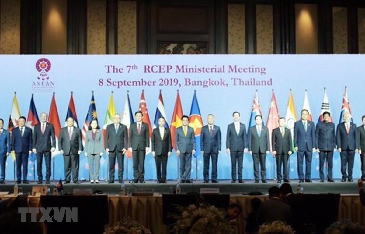 Các Bộ trưởng và trưởng đoàn phụ trách kinh tế, thương mại của các nước tham gia RCEP chụp ảnh chung. (Ảnh: TTXVN)