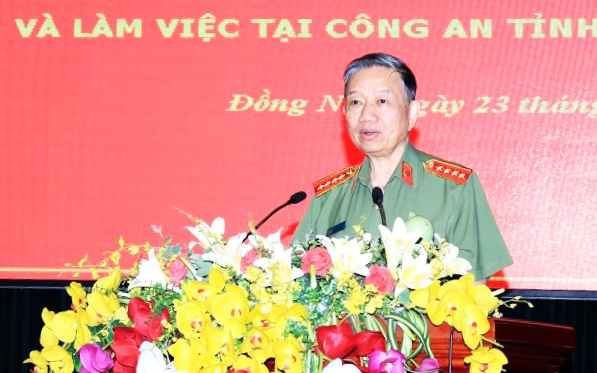Đại tướng Tô Lâm, Ủy viên Bộ Chính trị, Bộ trưởng Bộ Công an phát biểu chỉ đạo tại buổi làm việc