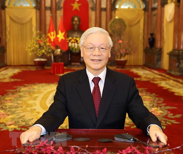 Tổng Bí thư, Chủ tịch nước Nguyễn Phú Trọng đọc Thư chúc Tết. (Ảnh: Trí Dũng/TTXVN)