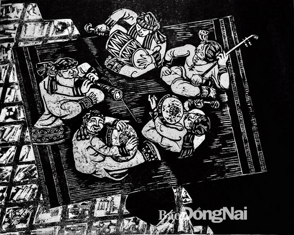Tác phẩm Thanh âm (chất liệu khắc gỗ đen trắng) của họa sĩ Lê Vân tham dự giải thưởng của Liên hiệp các Hội Văn học nghệ thuật Việt Nam 2019. Ảnh: L.Na