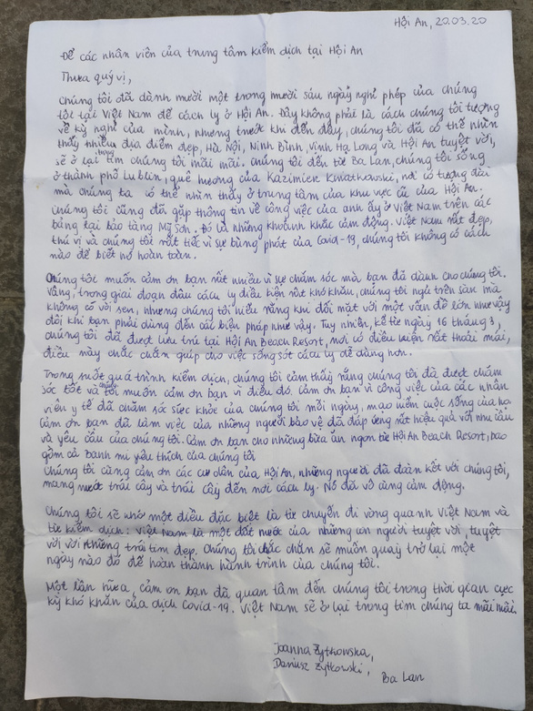 Bức thư tay nữ du khách Ba Lan gửi từ khu cách ly khách nước ngoài tại Beach Resort Hội An - Ảnh: N.B