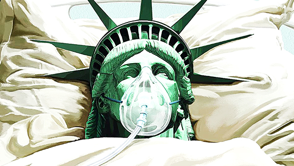 Hình ảnh gương mặt Nữ thần Tự Do - biểu tượng của nước Mỹ - được giễu nhại như một bệnh nhân đang phải dùng máy thở trong điều trị Covid-19. Minh họa của các tác giả Michael Meissner & Mona Eing Báo DER SPIEGEL để diễn đạt tình trạng khủng hoảng hiện nay của Mỹ trước đại dịch