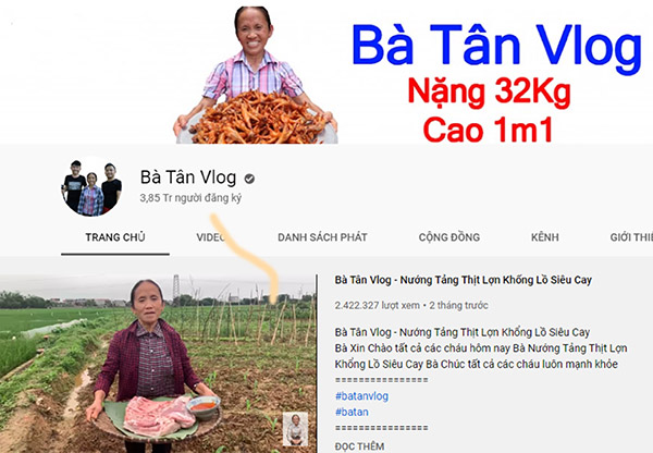 Trang chủ của kênh “Bà Tân Vlog” trên mạng YouTube cho thấy hiện có 3,85 triệu người theo dõi