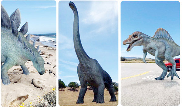 Một số loài khủng long và cảnh tái hiện chúng trên bờ biển, cánh đồng, đường phố. Hình ảnh của Google