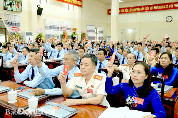 Các đại biểu dự Đại hội Đảng bộ H.Thống Nhất, nhiệm kỳ 2020-2025 biểu quyết thông qua nghị quyết đại hội. Ảnh: P.Hằng