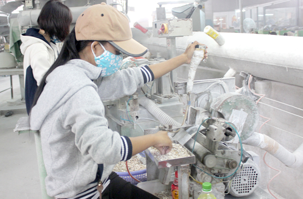 Công nhân làm việc trong xưởng sản xuất nút áo từ vỏ sò, vỏ ốc của Công ty TNHH Hoàn Mỹ (H.Vĩnh Cửu)
