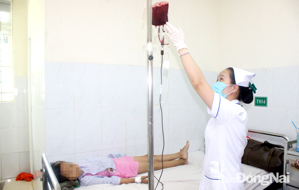 Nhân viên y tế Bệnh viện Nhi đồng Đồng Nai thực hiện truyền máu định kỳ cho bệnh nhân bị bệnh tan máu bẩm sinh. Ảnh: H.Dung