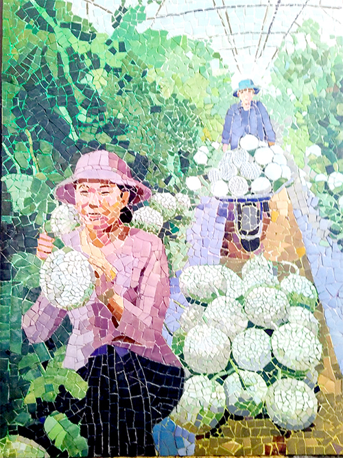 Tác phẩm Thu hoạch dưa lưới của họa sĩ Đào Tấn Hưng dự trại sáng tác chủ đề Xây dựng nông thôn mới Đồng Nai năm 2020