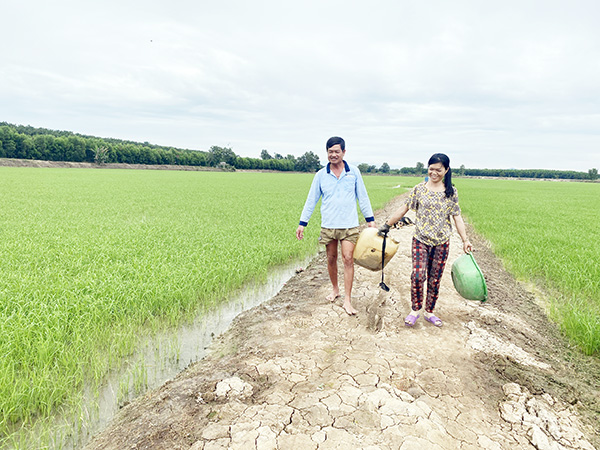 Vợ chồng nông dân sản xuất giỏi Nguyễn Văn Khải (ngụ xã Phú Điền, H.Tân Phú) cùng đi thăm đồng. Ảnh: Thủy Mộc