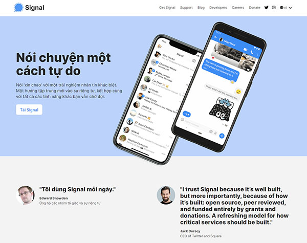 Signal được những nhân vật nổi tiếng khuyến khích sử dụng. Ảnh chụp màn hình website của Signal