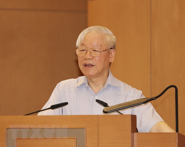 Tổng Bí thư Nguyễn Phú Trọng phát biểu tại Phiên họp đầu tiên của Chính phủ nhiệm kỳ 2021- 2026. (Ảnh: Trí Dũng/TTXVN)