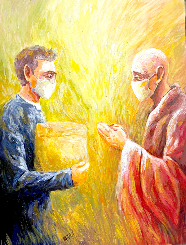 Các tăng, ni, tu sĩ tham gia làm từ thiện thời Covid-19. “Họ làm thiện nguyện rất nhẹ nhàng và từ tâm” - Bùi Đình Thăng nói về cảm hứng vẽ bức tranh chất liệu acrylic trên giấy này (hoàn thiện trung tuần tháng 8-2021)