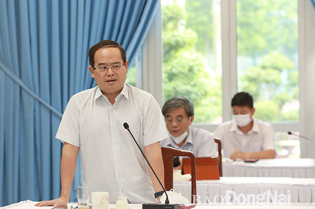 Phó bí thư Tỉnh ủy, Trưởng đoàn Đại biểu Quốc hội tỉnh Quản Minh Cường phát biểu tại cuộc họp. Ảnh: Huy Anh