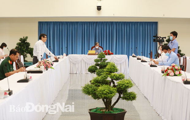 Phó chủ tịch UBND tỉnh Nguyễn Sơn Hùng phát biểu tại cuộc họp. Ảnh: Huy Anh