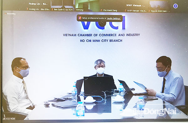 Hội thảo Tăng cường năng lực quản lý môi trường và chuyển đổi xanh tại các KCN tỉnh Đồng Nai theo hình thức trực tuyến. Ảnh: Hoàng Lộc