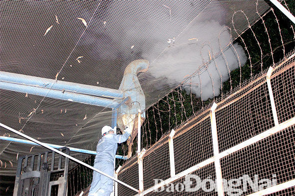 Nhân viên môi trường khoan ống dẫn khí thải để thu mẫu tại một doanh nghiệp ở H.Trảng Bom