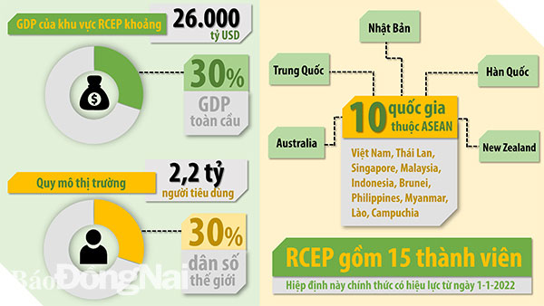 Đồ họa thể hiện quy mô của 15 nước tham gia Hiệp định Đối tác toàn diện khu vực (RCEP). (Thông tin: Hương Giang - Đồ họa: Hải Quân)
