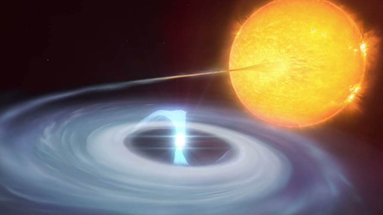 This artist's impression shows a two-star system where stellar explosions called micronovae may occur. The blue disc swirling around the bright white dwarf in the center of the image is made up of material, mostly hydrogen, stolen from its companion star. Towards the center of the disc, the white dwarf uses its strong magnetic fields to funnel the hydrogen towards its poles. As the material falls on the hot surface of the star, it triggers a micronova explosion, contained by the magnetic fields at one of the white dwarf's poles.