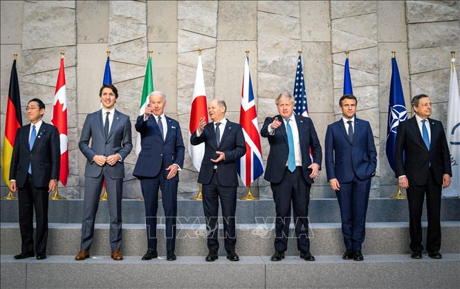  Các nhà lãnh đạo G7 tham dự Hội nghị thượng đỉnh Tổ chức Hiệp ước Bắc Đại Tây Dương (NATO) tại Brussels, Bỉ ngày 24/3/2022. Ảnh: AFP/TTXVN