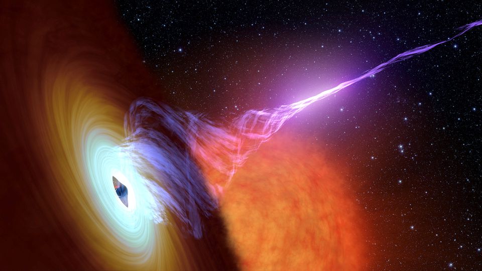 This artist's concept released October 30, 2017 shows a black hole with an accretion disk - a flat structure of material orbiting the black hole and a jet of hot gas, called plasma. 