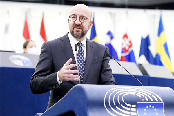 Chủ tịch Hội đồng châu Âu Charles Michel phát biểu tại phiên họp Nghị viện châu Âu ở Strasbourg, Pháp, ngày 6-4-2022