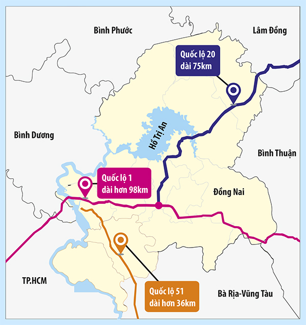 Đồ họa thể hiện các tuyến quốc lộ qua Đồng Nai quá tải. Đồ họa: Hải Dương