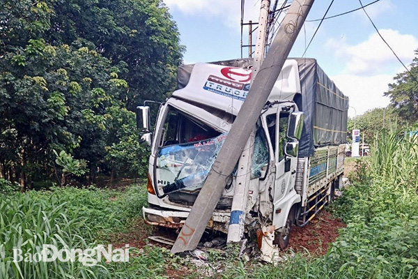 Hiện trường sự cố xe tải tông gãy trụ điện trung áp thuộc tuyến 479 Túc Trưng và 481 Mít Nài tại ấp Phú Quý, xã La Ngà (H.Định Quán). Ảnh: CTV.