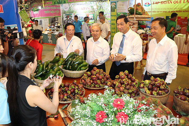 Đoàn lãnh đạo tỉnh và TP.Long Khánh tham quan gian hàng trái cây tại lễ hội. Ảnh: Lê Quyên