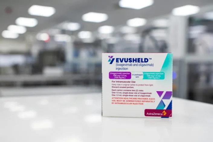 A box of Evusheld, a drug for antibody therapy developed by pharmaceutical company AstraZeneca for the prevention of COVID-19 in immunocompromised patients, is shown in Sweden. 
