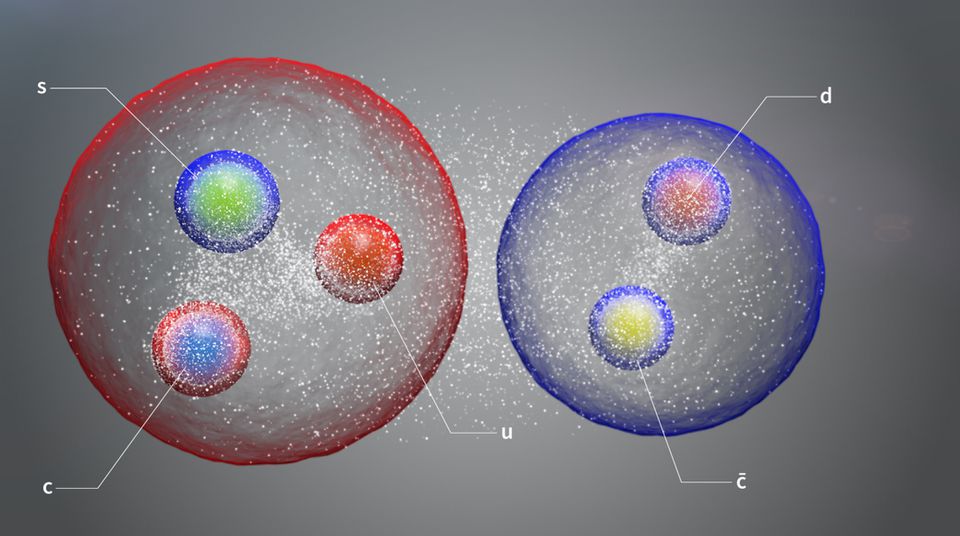 The new pentaquark, illustrated here as a pair of standard hadrons loosely bound in a molecule-like structure.