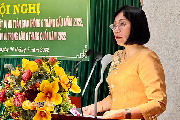 Phó chủ tịch UBND tỉnh Nguyễn Thị Hoàng phát biểu tại hội nghị. Ảnh: Đăng Tùng