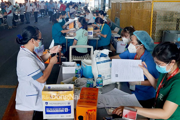 Hàng ngàn công nhân lao động Công ty CP Taekwang Vina tham gia tiêm vaccine phòng Covid-19 mũi 3, mũi 4. Ảnh: CTV